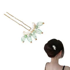 EZ PEACH 髪飾り パール 花ヘ ヘアコーム Ｕコーム 夜会巻き ら 簪 簡単ヘ 盛り髪 コーム 着物 浴衣 和装 夜会巻き ヘアピン お団子ヘアー 披露宴 花嫁など (薄緑/パール)