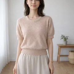 【美品】Spick & Span スピックアンドスパン アンゴラ混 半袖ニット ビジュー ピンクベージュ