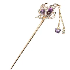 [ミャオミャオ] Miaomyoa 簪 かんざし 一本挿し髪飾り 和装 留袖 着物 金属 アンティーク エキゾチック フラワー モチーフ バタフライ 蝶 蝶々 花 ピンクゴールド ヘアアクセサリー (パープル)