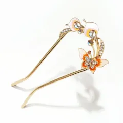 [S.T.S.G] 簪 かんざし バチ型 髪飾り 2本足 二本挿し 和装 振袖 浴衣アンティーク ペア 蝶 フラワー 花 ヘア アクセサリー アレンジ (橙色)