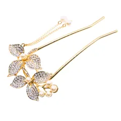 [ミャオミャオ] かんざし 髪飾り 和装 浴衣 u字型 留袖 着物 ヘアアクセサリー パール 金属 アンティーク レモン リーフ Miaomyao (ピンクゴールド)