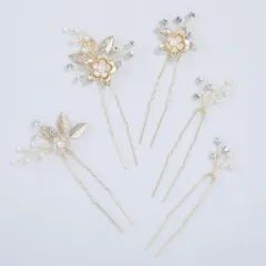 Haodeliy 髪飾り ヘッドドレス 木の葉 花モチーフ パールUピン 5点セット 花嫁 ヘアアクセサリー 手作り ウェディング フラワー 結婚式 披露宴 二次会 発表会 卒業式 入学式 パーティー 和装用髪飾り ヘアアクセサリー 和風 ゴールド (タイプ6