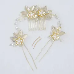 Haodeliy 髪飾り ヘアアクセサリー コーム Uピン 3点セット 木の葉 花モチーフ 花嫁 かんざし ヘッドドレス 手作り ウェディング フラワー 結婚式 披露宴 二次会 発表会 卒業式 入学式 パーティー 和装用髪飾り ヘアアクセサリー 和風 ゴールド