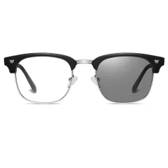 [FEISEDY] ブルーライトカット 調光サングラス メンズ 伊達メガネ おしゃれ レディーズ 変色 ハーフリム サーモント型 パソコン用 度なし 超軽量 男女兼用 マットブラック B1364