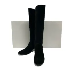 ダイアナ DIANA ロングブーツ ラウンドトゥ チャンキーヒール ベルト スエード サイドジップ 切替 無地 ステッチ 23 1/2 23.5cm 黒 ブラック