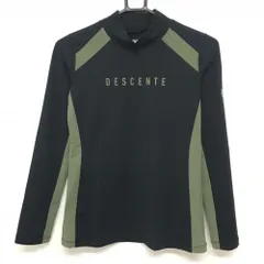 【超美品】デサントゴルフ 長袖ハイネックシャツ 黒×カーキ 袖ロゴ フロントプリント 中田英寿 レディース S ゴルフウェア DESCENTE
