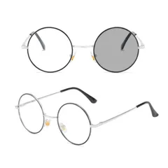 [REONAS] 丸メガネ ブル―ライトカット 調光変色 ラウンドメガネ ファッション 眼鏡 デスクワーク/外出 PCメガネ 丸(黒×シルバー)