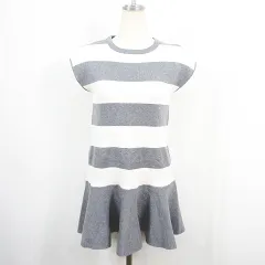 ザラ ZARA FANCY COLLECTION ニット ワンピース フレンチスリーブ 膝丈 レーヨン 11-12 グレー アイボリー ボーダー 6254/704 kz14308