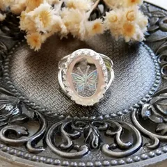 ヴィンテージガラス　オーロラバタフライ　オーバル　リング　指輪　/　18ｘ13ｍm　/　シルバートーン
