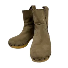 ザラ ZARA ブーツ ショートブーツ ラウンドトゥ ミドルヒール チャンキーヒール スタッズ ステッチ スエード 切替 38 24.0cm ブラウン 茶