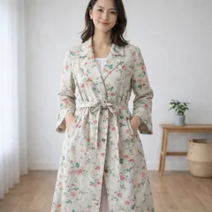 LAURA ASHLEY 花柄 リネン混 ロングコート ウエストリボン ベージュ UK8