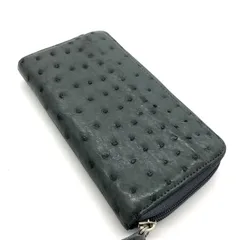 【美品】オーストリッチ 長財布 ラウンドファスナー 深緑 ダークグリーン ダチョウ革 緑
