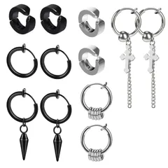 フェイクピアス メンズ ピアス イヤリング 穴不要 収納ケース付き イヤーカフ シンプル 十字架 オシャレ メンズ レディース ユニセックス 両耳用 金属アレルギー対応 シルバー 黒 12個セット