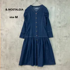&.NOSTALGIA  ノスタルジア ブルー デニムワンピース ロング マキシ ティアード フレア ギャザー パフスリーブ ボリューム袖 フロントボタン 前開き 羽織り Vネック ウォッシュ加工 Mサイズ ★ ■◇