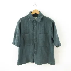 ザラ ZARA ステンカラーシャツジャケット 半袖 ストライプ 緑 XL *A82