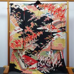 アンティーク振袖 五つ紋 牡丹松梅扇絵／うす茶系《き486》#江戸小もー 