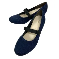 ジェリービーンズ JELLY BEANS レディースシューズ ローヒール パンプス ストラップ 総柄 リボン 23.0 青 ブルー 紺 ネイビー