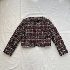 美品 COMME CA ISM コムサイズム 女の子 子供用 ノーカラー ジャケット スーツ 130㎝ ブラック レッド ホワイト ツイード ショート丈 かわいい おしゃれ 発表会 結婚式 セレモニー フォーマル 卒園式 秋 冬のサムネイル
