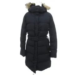 ユニクロ UNIQLO 美品 ダウンコート L 紺 ネイビー フェイクファー フード ベルト付きミドル ハーフ丈 /HW ■ECD001