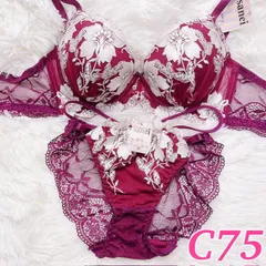 ブラショーツセット C75  ワインレッド グラジオラス 大輪フラワー 豪華刺繍 バック透け バックレース ビジュー コードデザイン  フルバック ランジェリー 下着セット