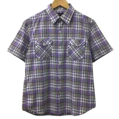 コムサイズム COMME CA ISM シャツ カジュアル スタンダード チェック マルチカラー 半袖 M 紫 白 パープル ホワイト