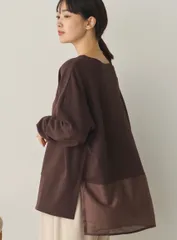 ストレッチカットジョーゼット裾切り替えプルオーバー ブラウン
