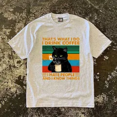 美品 コーヒー 黒猫 グラフィック Tシャツ グレー 半袖 レトロ ユーモア 男女兼用 S-3XL