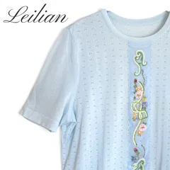 Leilian レリアン 日本製 半袖 ニットカットソー サマーニット 大きいサイズ 13+号 XL?LLサイズ相当 薄水色 ライトブルー レース刺繍切り替え ボタニカル フラワーモチーフ 上質素材 エレガント レディース 古着 レトロ 1081KZのサムネイル
