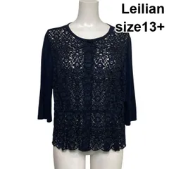 ◇ レリアン Leilian 花柄総レースカーディガン ニット 七分袖 クルーネック 切替 シアー 紺 コットン 13+ XL 13号 レディース S6C451
