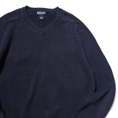 90's 00's ランズエンド Vネック コットンニットセーター 紺 (L) ネイビー ドリフターセーター 無地 90年代 旧タグ オールド LANDS'END アメリカ古着 USED ビンテージ ヴィンテージのサムネイル