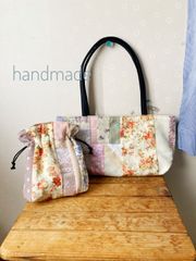 ハンドメイド パッチワーク トートバッグ&巾着袋 セット売り ピンク花柄