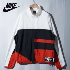 ナイキ NIKE ハーフジップ ナイロンジャケット L ホワイト ネイビー レッド 切り替え クレイジーパターン 刺繍ロゴ プルオーバー オーバーサイズ ウインドブレーカー ストリート スポーツミックス Y2K 90s風 古着 E561