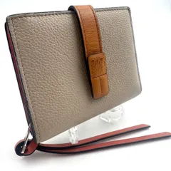 LOEWE  ロエベ アナグラム コンパクトジップ　ウォレット　トライフォールド ベージュ beige グレージュ GLAY サーモンピンク ピンク PINK  レディース 折り財布 バイカラー レザー シボ革 レア 希少 入手困難 美品