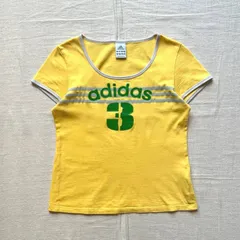 00s　archive　old adidas　オールドアディダス　ラメプリント　アーチロゴ　ナンバリング　スリーストライプス　ライン　半袖リンガーTシャツ　ピチT　タイト　ビタミンカラー　L　Y2K　グランジ　平成ギャル　logo print ringer-T