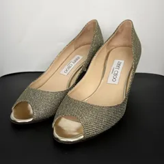 極美品 ジミーチュウ JIMMY CHOO パンプス グリッター メタルヒール オープントゥ 37 24cm ゴールド×シルバー