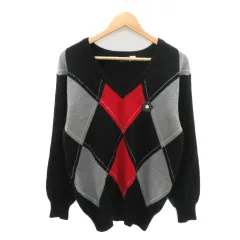 リバーコース RIVER COURSE ゴルフウェア ニット セーター 長袖 Vネック アーガイルチェック柄 M マルチカラー 黒 ブラック /YK34