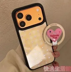 黄色 チェック柄 ハート型 磁気吸着 スタンド付き iPhone17 ケース iPhone16 / 15 Pro Max / 14 / 13 対応 スマホケース おしゃれ アイフォンカバー