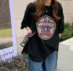 ロゴTシャツ レディース オーバーサイズ Tシャツ ビッグシルエット 半袖 プリントT ロゴT ゆったり 体型カバー カジュアル 韓国ファッション 大きめ 黒 ブラック 夏 春 トップス ビッグT 古着風 ヴィンテージ風 おしゃれ トレンド [1274]
