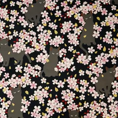 黒猫×桜吹雪 百華繚蘭 シーチング生地  モダン 和柄 ネコ柄 花柄 ハンドメイド 裁縫 服地 50cm単位