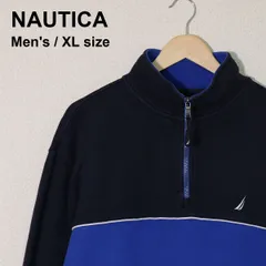 NAUTICA（ノーティカ） ハーフジップ スウェット プルオーバー XL ネイビー×ブルー バイカラー 切り替え セイルロゴ刺繍 バックロゴ 裏起毛