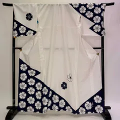 訪問着 付け下げ 単衣 洗える着物 礼装 ポリエステル 裄71cm 身丈162.5cm 2L サイズ 白 紺  5346