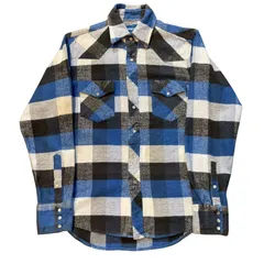 80s-90s Wrangler Heavy Flannel Shirt 青白黒 M ラングラー 紺タグ ベビネル