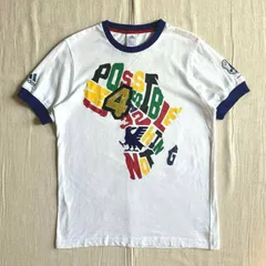 希少　archive　00s　©︎2009　old adidas　オールドアディダス　JFA　両袖ロゴ　マルチカラービッグプリント　エンブレム　半袖リンガーTシャツ　ホワイト×ネイビー　L　一点物　Y2K　ストリート　multi logo ringer-T