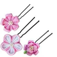 【即日発送】【かんざストア】つまみ細工 花 髪飾り かんざし ヘアアクセサリー コサージュ 髪留め ぶら飾り 縮緬 成人式 七五三 卒業式 結婚式 和装 袴 浴衣 振袖用 通販 (【ピンク2】3個セット)