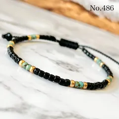 486 ガラスビーズ　ターコイズ風　ブラック　黒　ブレスレット　ハンドメイド