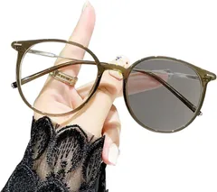 グロフィン GLOFIN 調光サングラス レディース ボストン UVカット ブルーライトカット 大きめ 軽量 調光レンズ 伊達メガネ (カーキ)