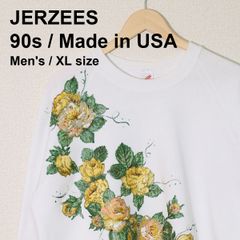 90s USA製 JERZEES（ジャージーズ） クルーネック スウェット ヴィンテージ XL ホワイト イエローローズ フラワー刺繍 ラメ糸