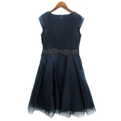 パルレシフォン PCI オーガンジー 切替 リボン フレア ワンピース 半袖 ネイビー 紺 165CM