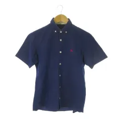 バーバリーブラックレーベル BURBERRY BLACK LABEL 半袖シャツ 2 紺 ネイビー ロゴ刺繍 ボタンダウン 麻 リネン混 /AO18 ■GY99