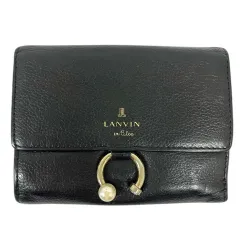 ランバンオンブルー LANVIN en Bleu 二つ折り財布 パール ビジュー リング飾り ブランドロゴ ワンポイント 無地 スナップボタン開閉 ゴールド金具 黒 ブラック